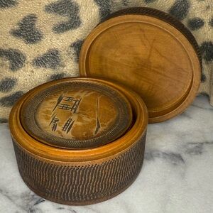 Antique Japanese Hand-Carved Wooden Engraved Coaster Set with Holder & Lid